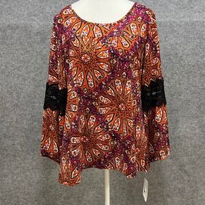 Hannah Womens Orange Geometric Print Black Lace Sleeve Tunic‎ Top M